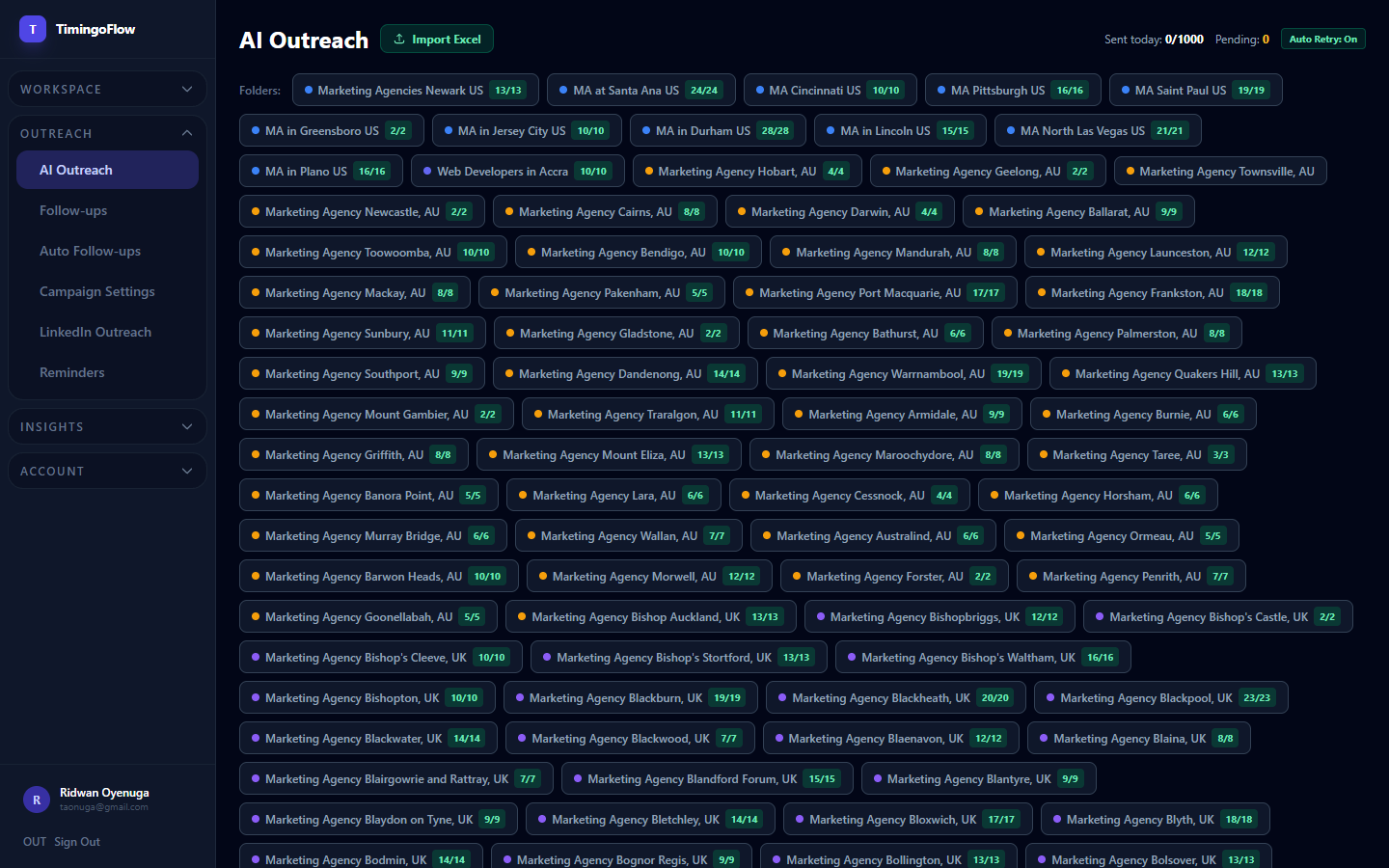AI Outreach Generator screen in TimingoFlow — Generate personalized emails based on business type and offer