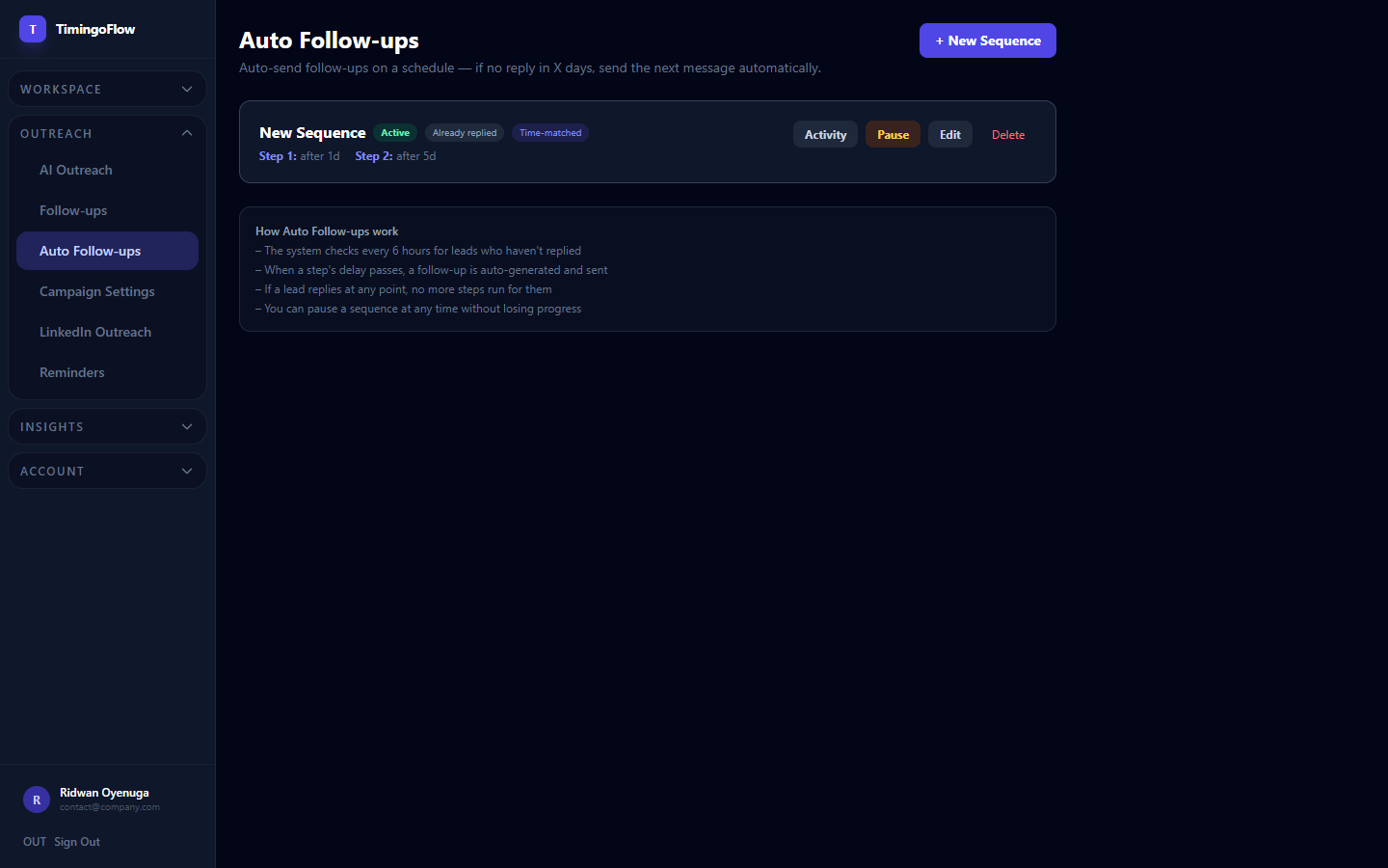 Auto Follow-ups screen in TimingoFlow — Never forget to follow up after first outreach