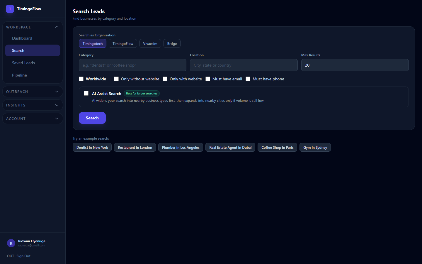 Lead Finder screen in TimingoFlow — Find businesses by niche, city, country, and keyword