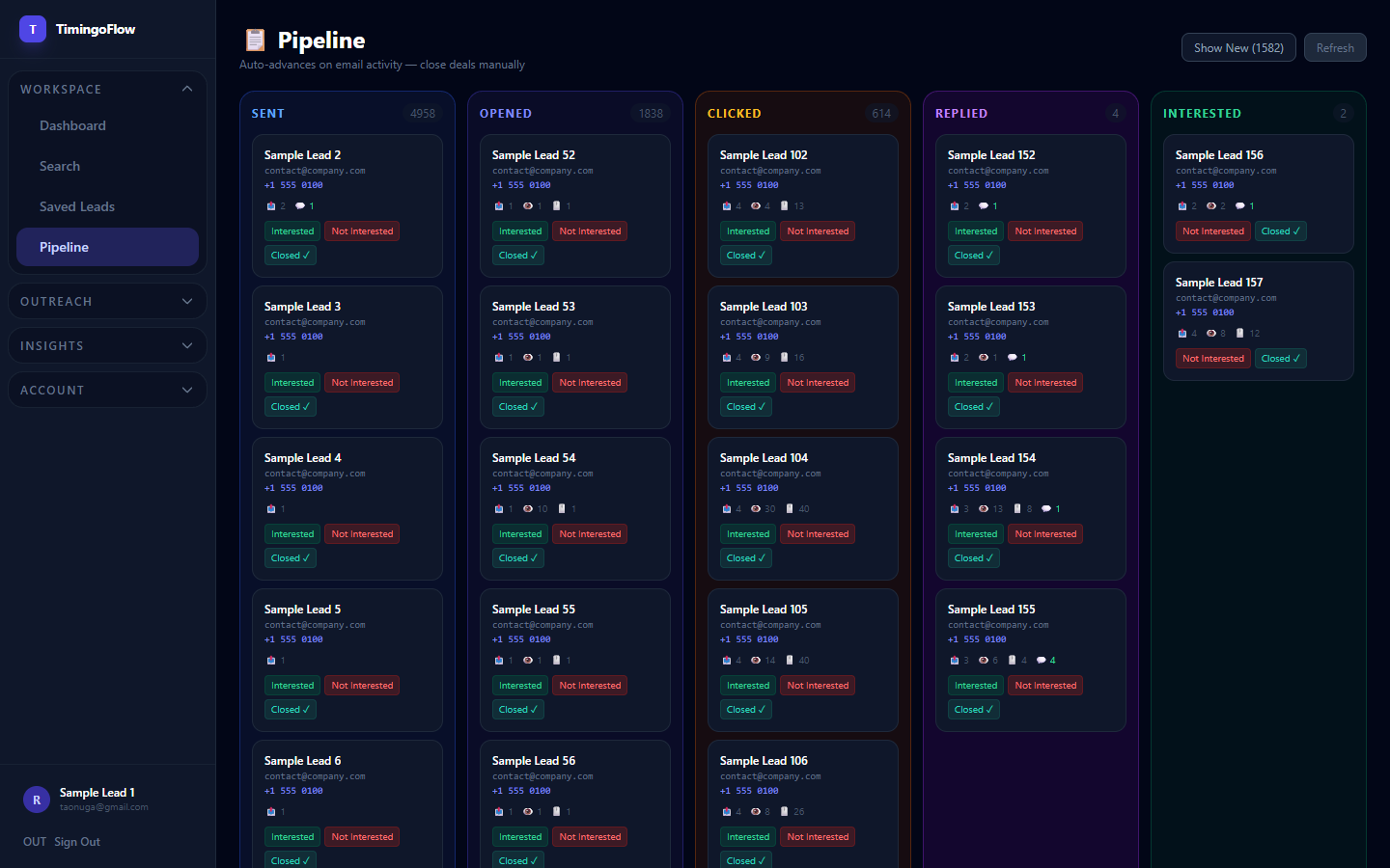 Pipeline CRM screen in TimingoFlow — Track leads from New → Contacted → Replied → Meeting Booked → Won/Lost