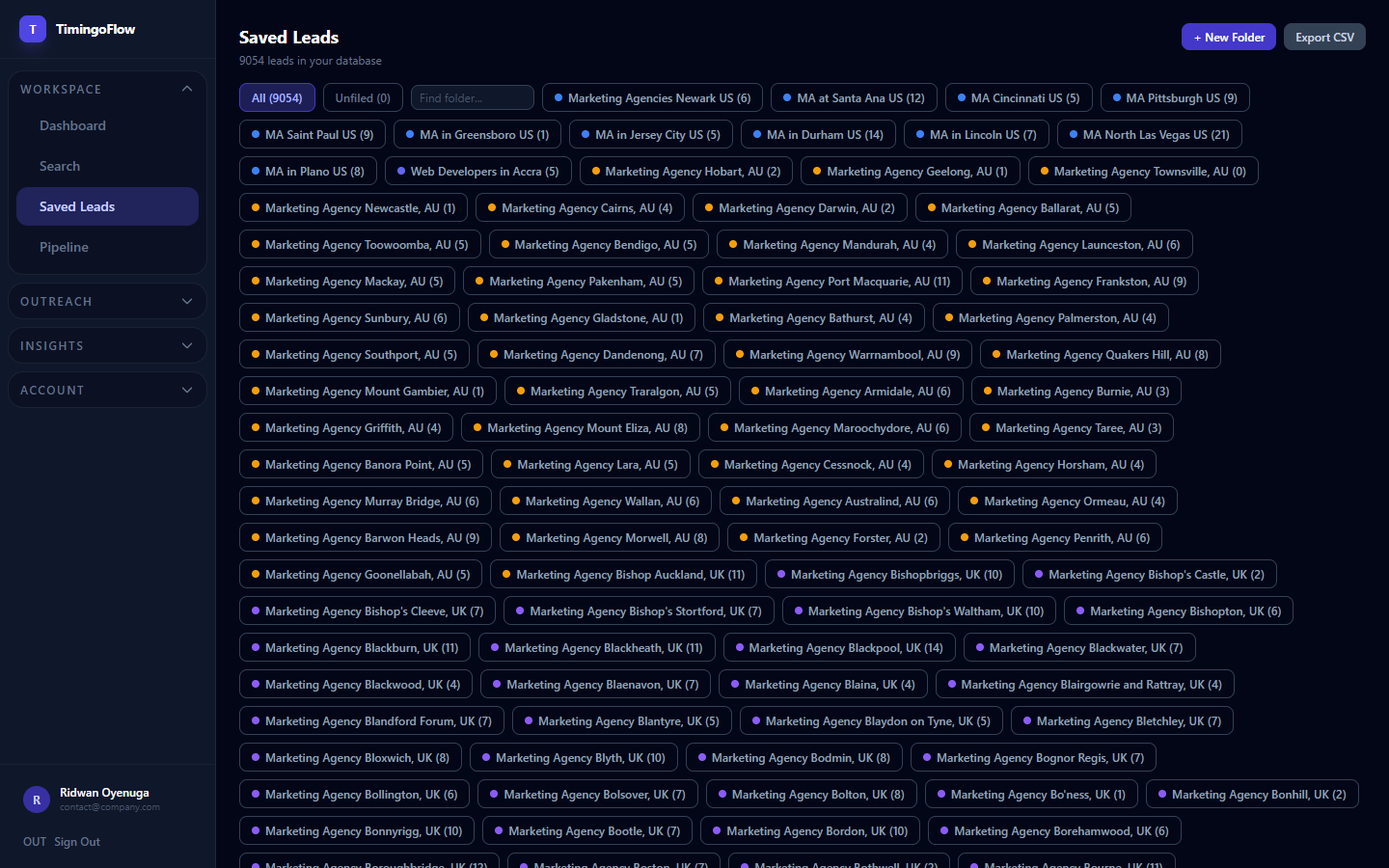 Saved Folders screen in TimingoFlow — Organize prospects by campaign, client, niche, or country